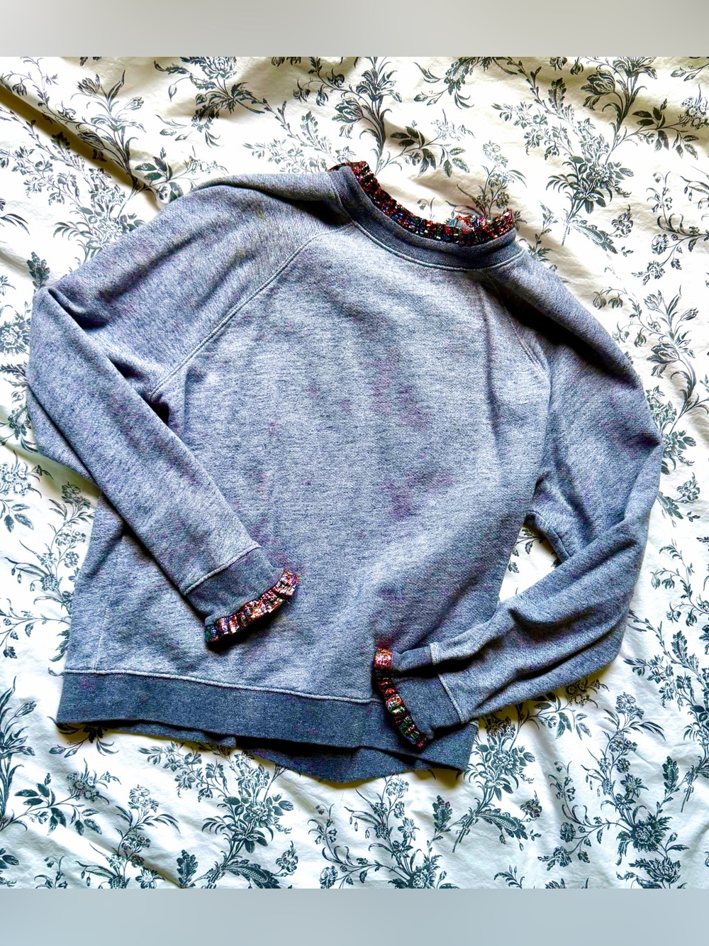 J. Crew Gray Crewneck Sweater with Subtle Ruffle Trim